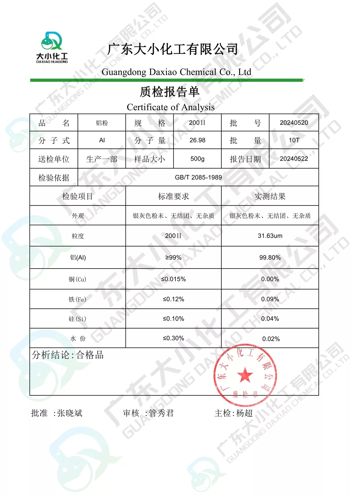 铝粉工业级质检单